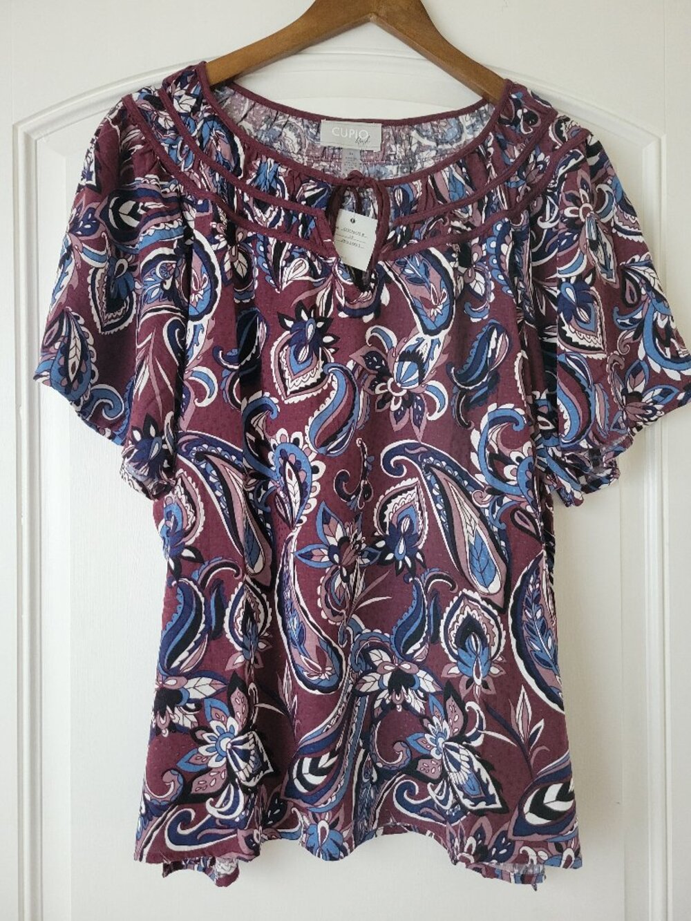 Cupio Blush Bohemian Paisley Peasant Blouse 3X Womens Purple Lattice Bell Sleeve